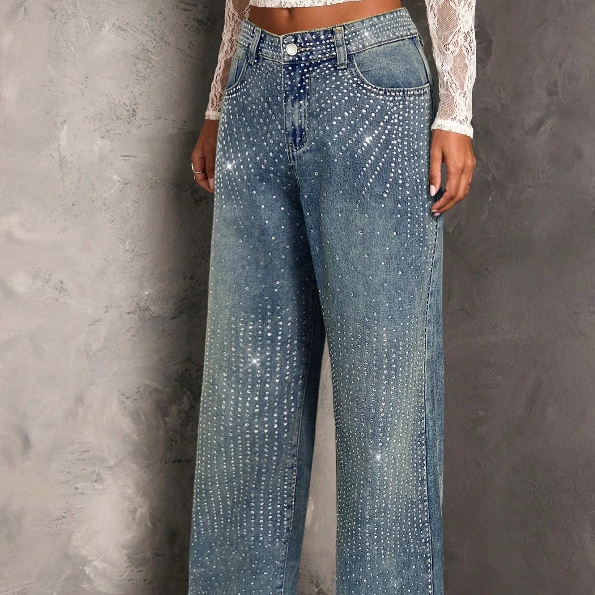 여성용 Y2K 청바지, 장식된 연청색 배기 데님 팬츠, 편안한 스트레치 일자핏 패션 바지