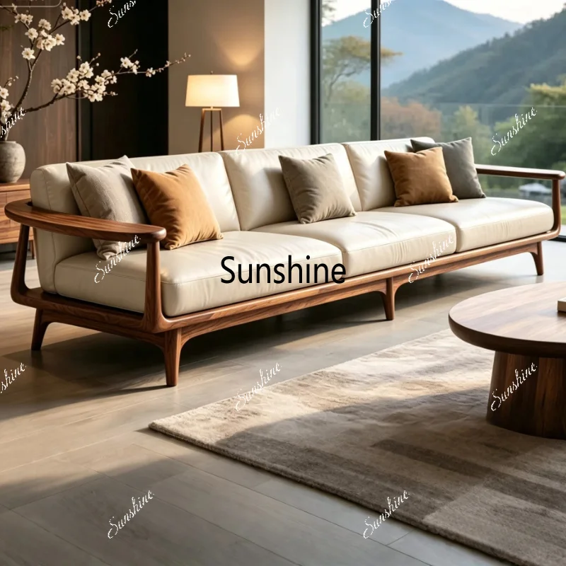 New Chinese solid wood sofa design living room simple leather combination