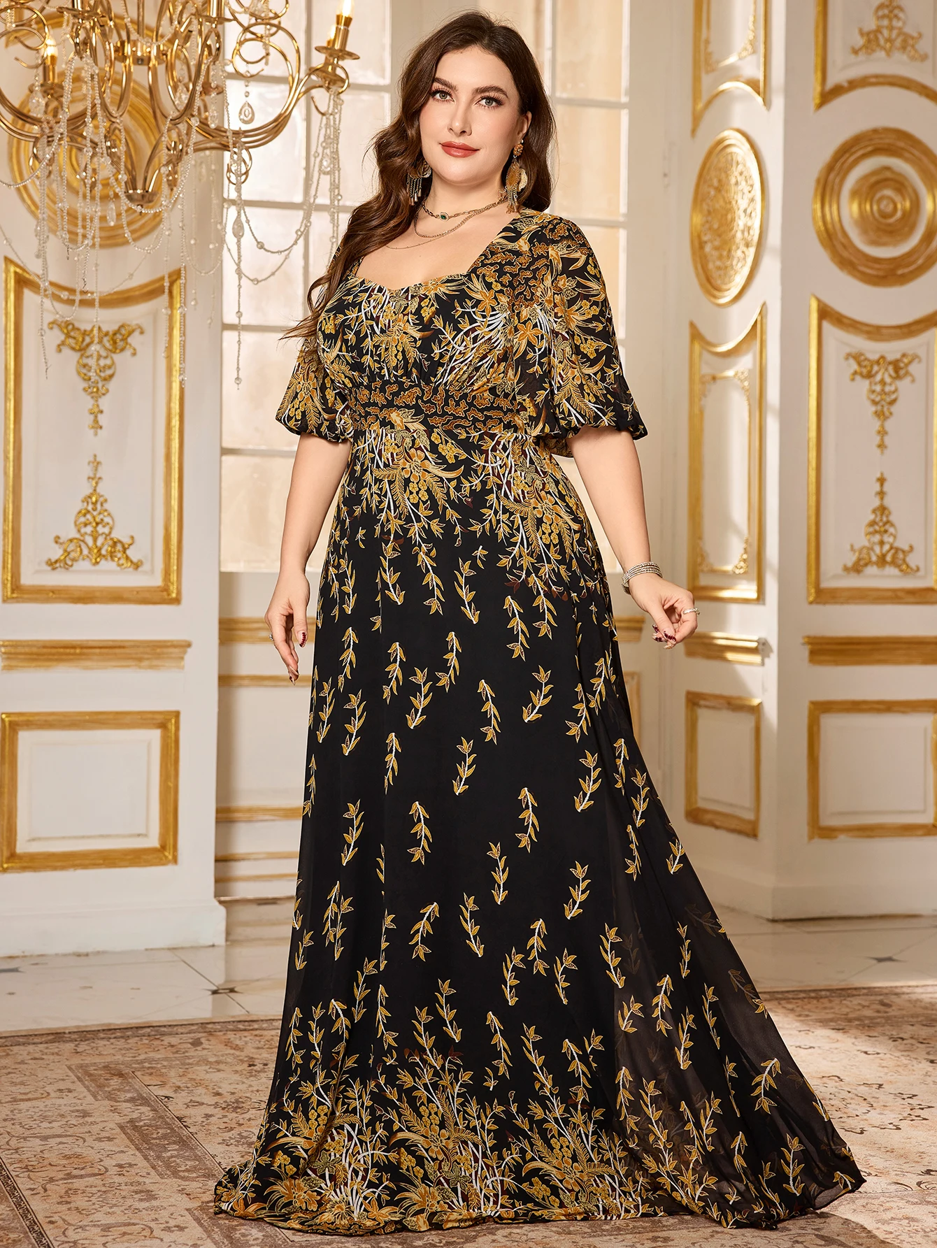 

UNITHORSE Plus Women's [ Random Cut] Square-Neck Bubble Sleeve Narrow Waist All Over Print Chiffon Evening Dress
