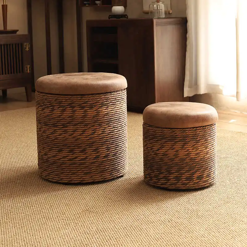 Imitation Rattan Low Stool Japanese Style Storage Stools for Shoe Changing Handwoven Sofa Pouf Stylish Home Hallway Ottoman