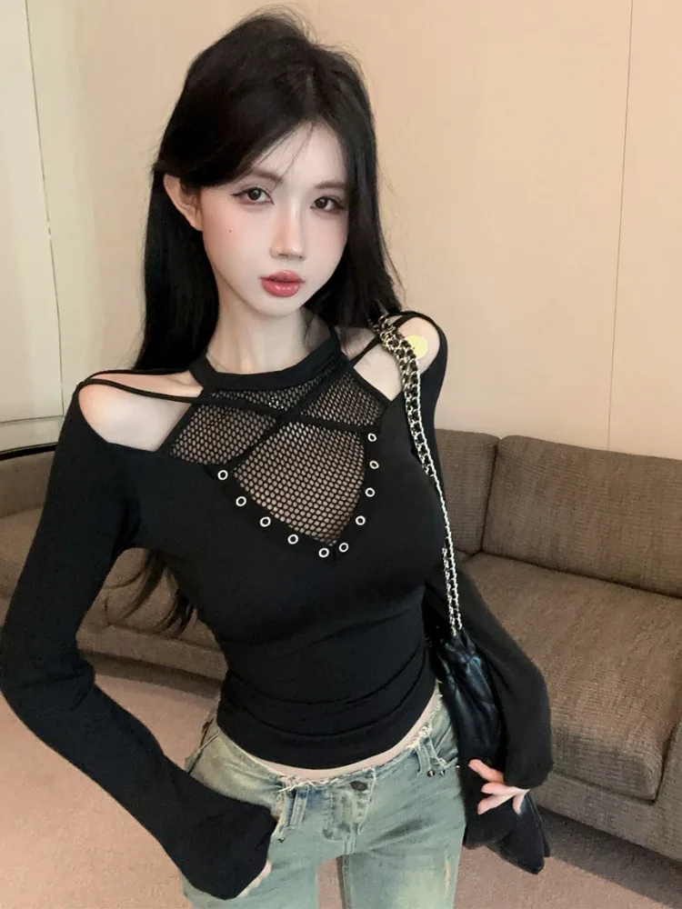 American Style Hot Girl One Shoulder Cross Neck Top Women's Autumn Winter Fake Two-Piece Base Shirt Inner Wear High-End Sensa...