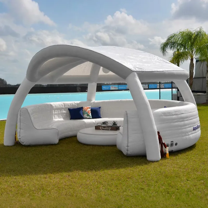 Giant inflatable floating dock hammock floating platform water bar party activity area with sunshade, table and sofa