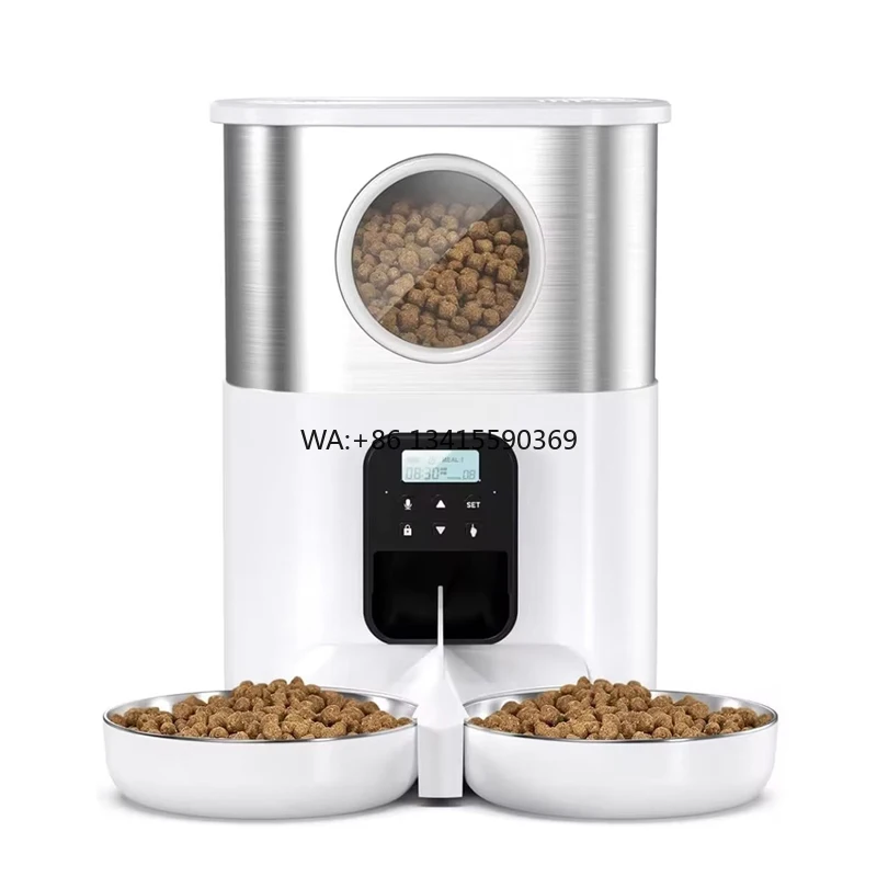

5L Automatic Dog Feeders for Two Cats Pet Feeder Timed Voice Record Cat Feeder Pet Dry Food Dispenser Botton Control Dual Bowls
