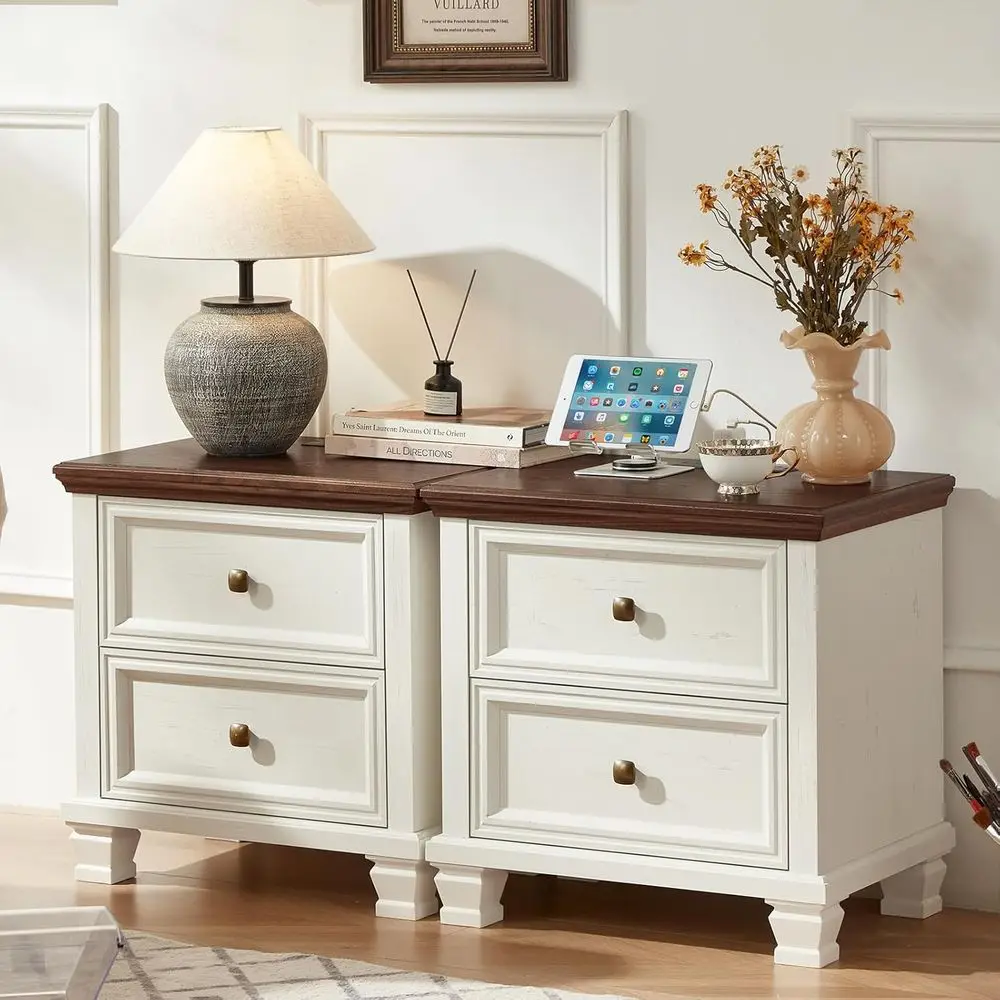 armhouse Nightstand Set o 2, Rustic Low Nightstands with 2 Ders & Charging Station, Vintage Night Stands with 4 Square Solid Woo