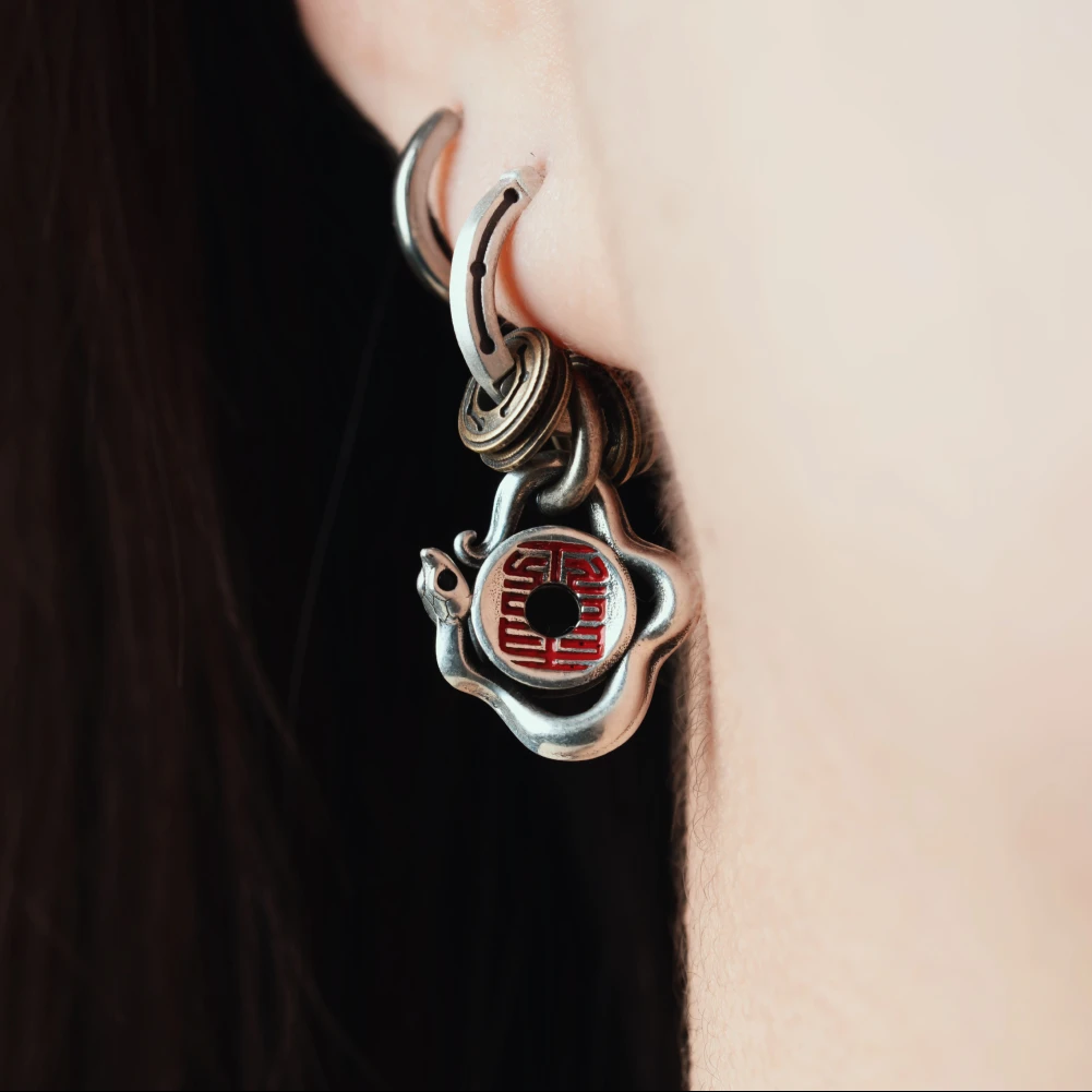 COPPERTIST.WU Guardian Serpent Charm Earrings Cinnabar Snake Amulet Earrings Handmade Jewelry Gift for Women Men