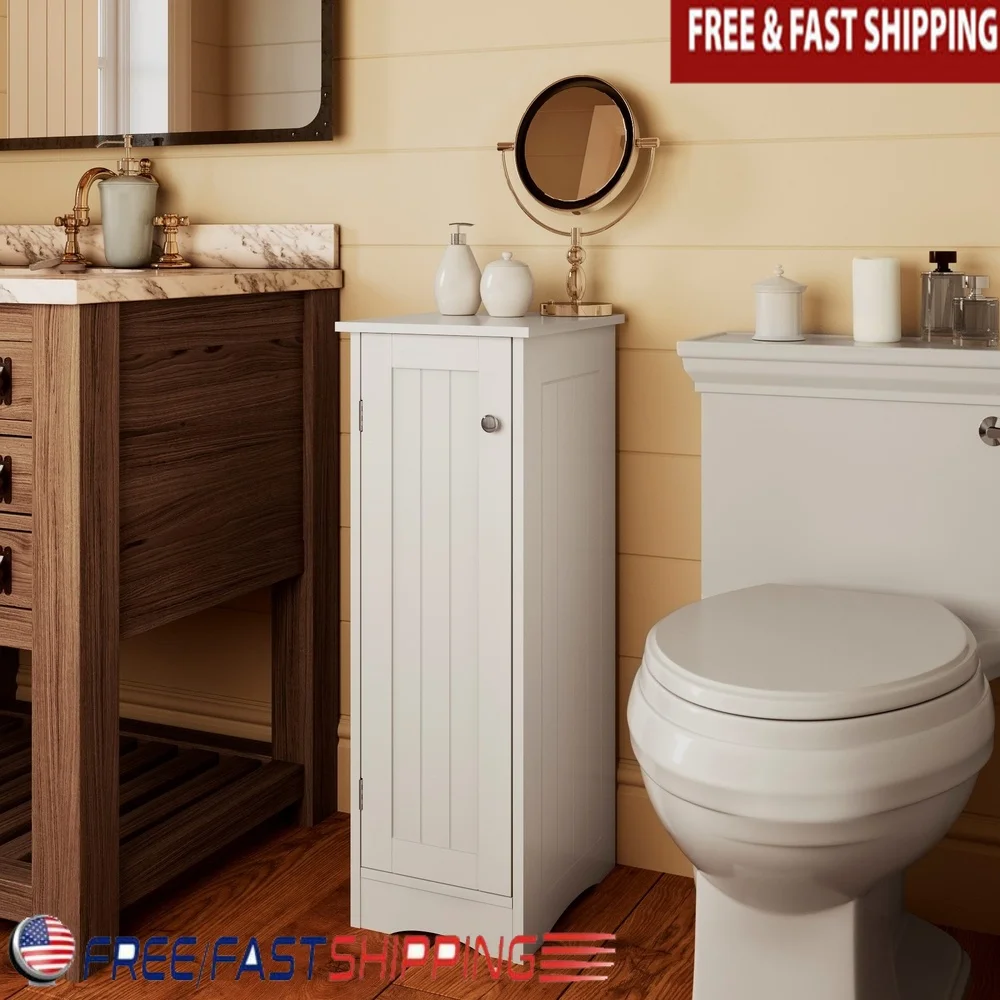 

Slim Bathroom Storage Cabinet with Adjustable Shelves Magnetic Door Closure Beadboard Design Perfect Laundry Kitchen Entryway