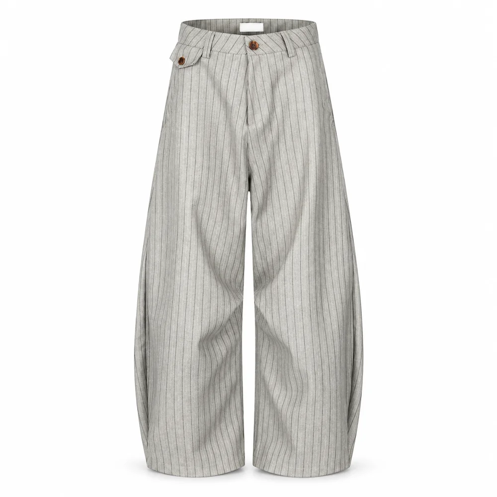 Men Pinstripe Wide Leg Suit Trousers Asymmetric Strap Waist Straight Pants Full Length Relaxed Streetwear Fit