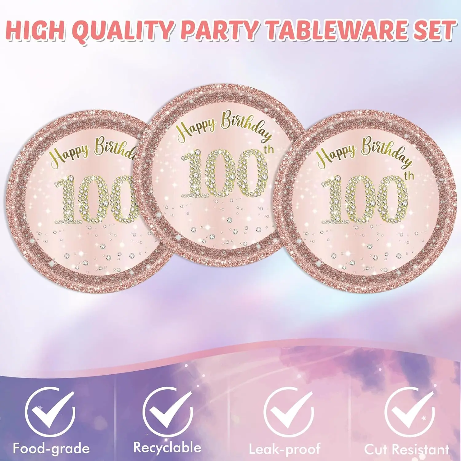 Disposable Tableware for Women, Rose Gold Decorations, 100 Years Old Birthday, Tableware, Plates, Napkins, Tablecloth for Women