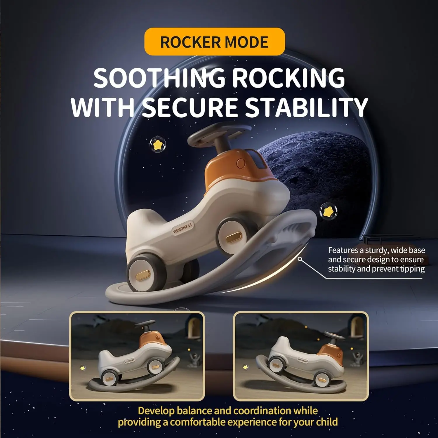 4-w-1 koparka Rocker n Ride, rowerek biegowy dziecięcy do jazdy z odczepianym Balance Board, fotel bujany dla malucha, ruchomym ramieniem,