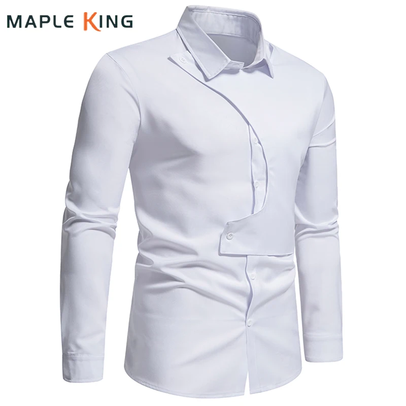 Mens White Shirts Chemise Veste Homme Trending Products 2022 Men Irregular Oblique Button Long Sleeve Social Camisa Dress Shirt