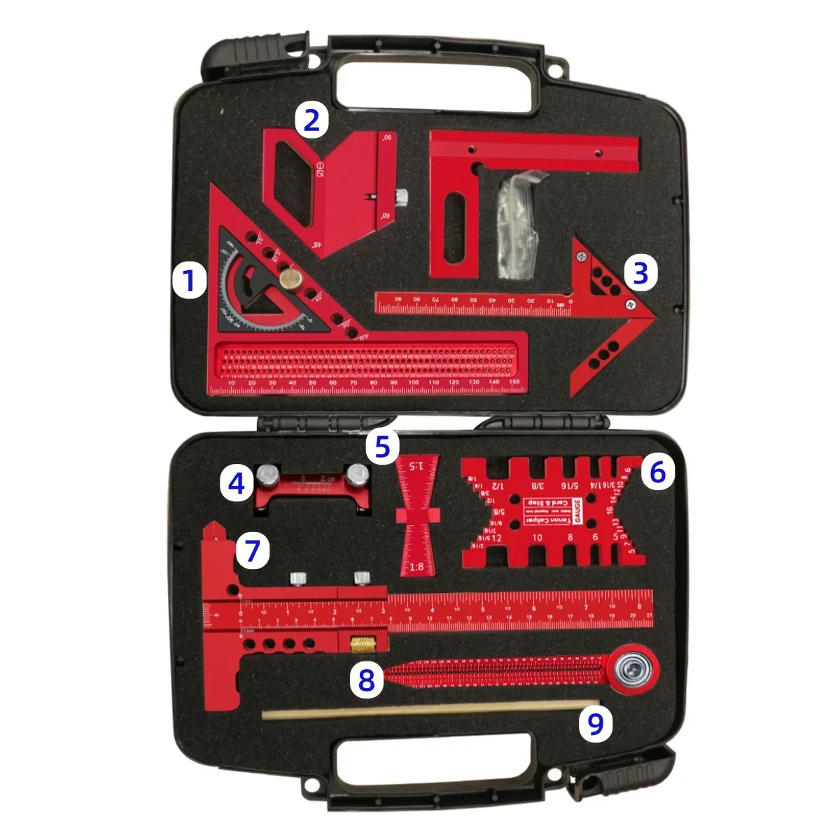 9Pcs Woodworking Square Tool Kit with Storage Box, Aluminum Scribing Ruler, Center Finder, Compass, Honing Guide & Height Gauge