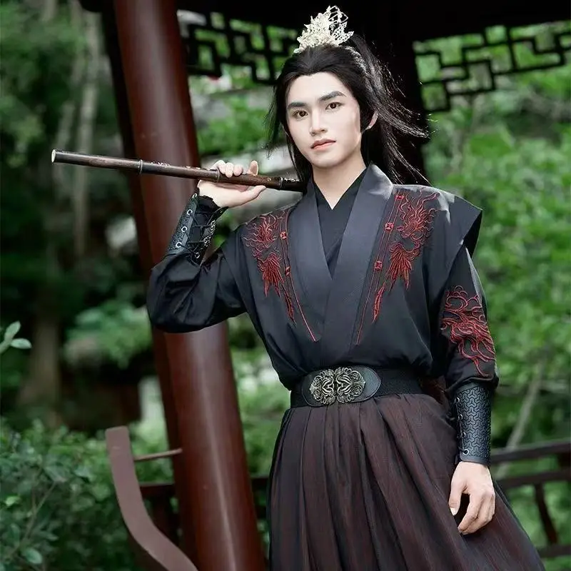 

Cool Black Red Hanfu Men's Traditional Chinese Cross Collar Embroidery Suits Halloween Swordsman Cosplay Costume Stage Outfits