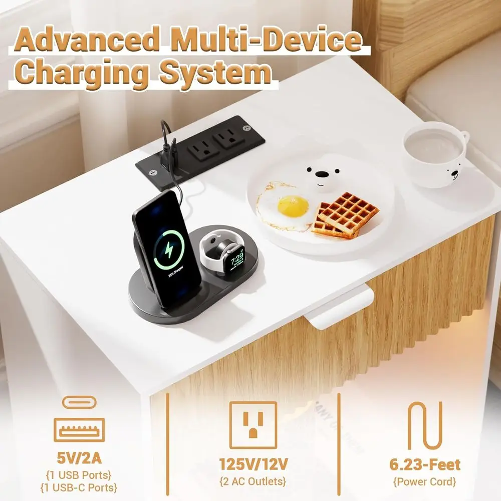 Nightstands Set of 2 with Charging Station & Built-in LED Lights, Bedside Tables with Wave Pattern Drawer & Open Shelf, Safe for