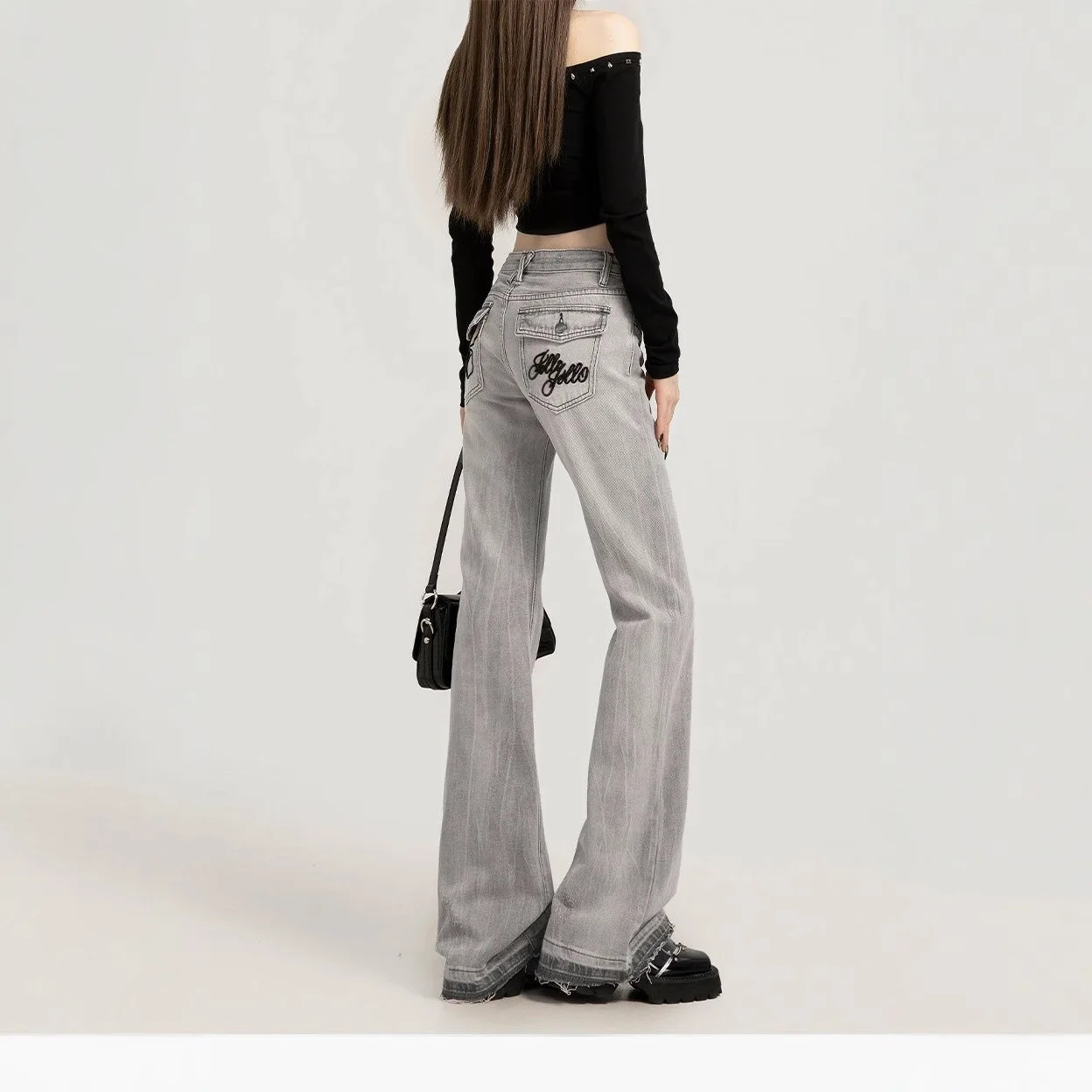 Women's Clothing Jeans2026 Autumn New Smoky Gray Micro-pull Jeans Women's American Slim-fit Versatile And Thin Small Flared Pant