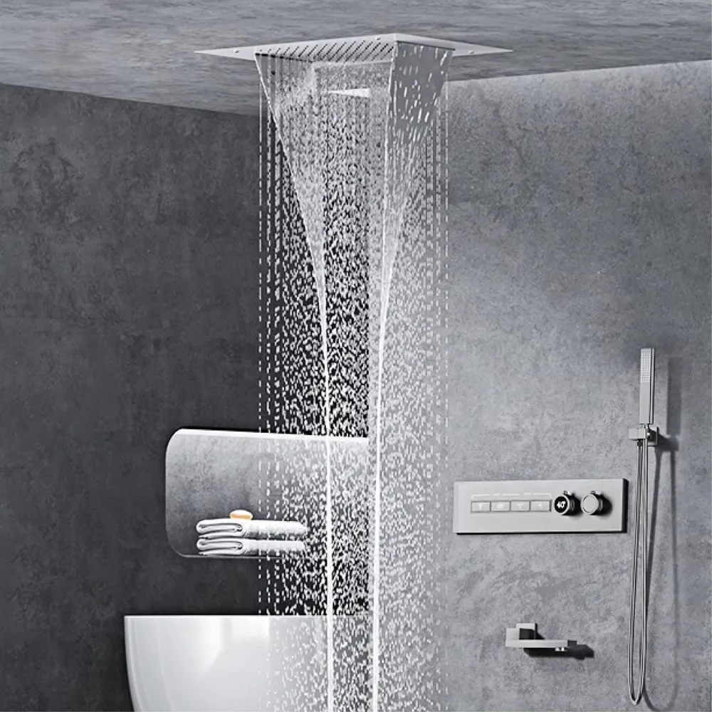 Luxury Black Brass System Wall-Mounted LED Digital Display Design Cold & Hot Dual-Control 4-Function Ceiling Shower Tap