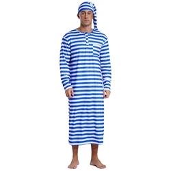 Men's Striped Nightshirt Sleep Robe Set Loose Soft Long Sleeve Sleeping Long Shirts with Night Cap Christmas Sleepwear Nightwear