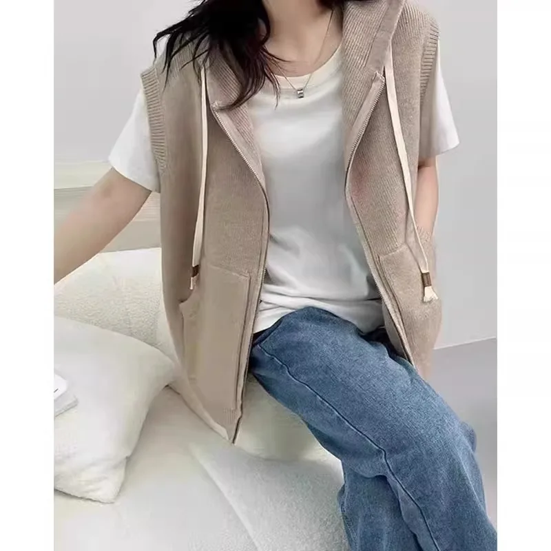 Sleeveless Sweater Women Vest Jacket Spring New Loose Versatile Knitted Sweater Cardigan Jacket Zipper Hooded Female Waistcoat