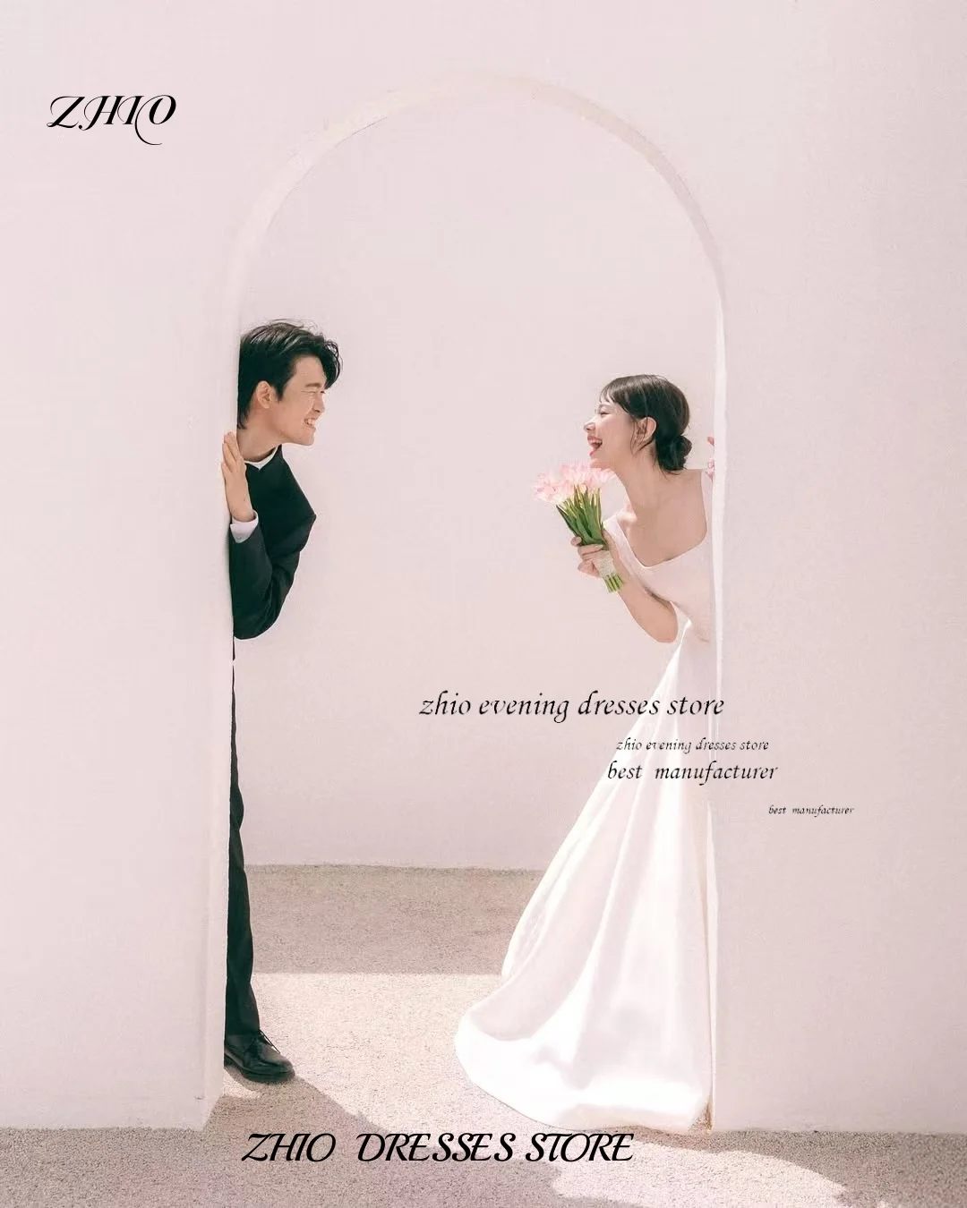 ZHIO ที่กําหนดเองสแควร์คอแขนสั้นซาตินชุดแต่งงานเกาหลี A-Line Corset ความยาวชั้นงานแต่งงาน