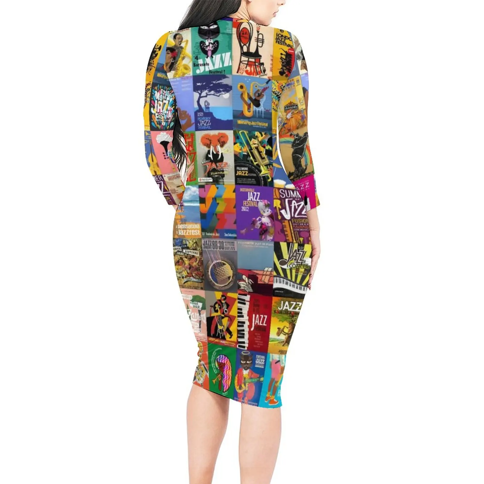 Jazz Festivals Bodycon Dress Womens New Orleans Music Stylish Dresses Autumn Long Sleeve Street Style Graphic Dress Large Size