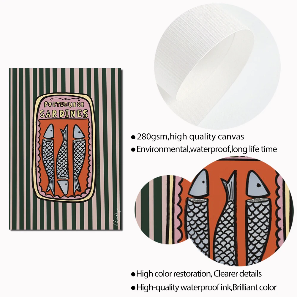 البرتغالية السردين القماش القطني Anchovies المشارك قماش اللوحة خمر جدار الفن للمطبخ غرفة المعيشة ديكور المنزل