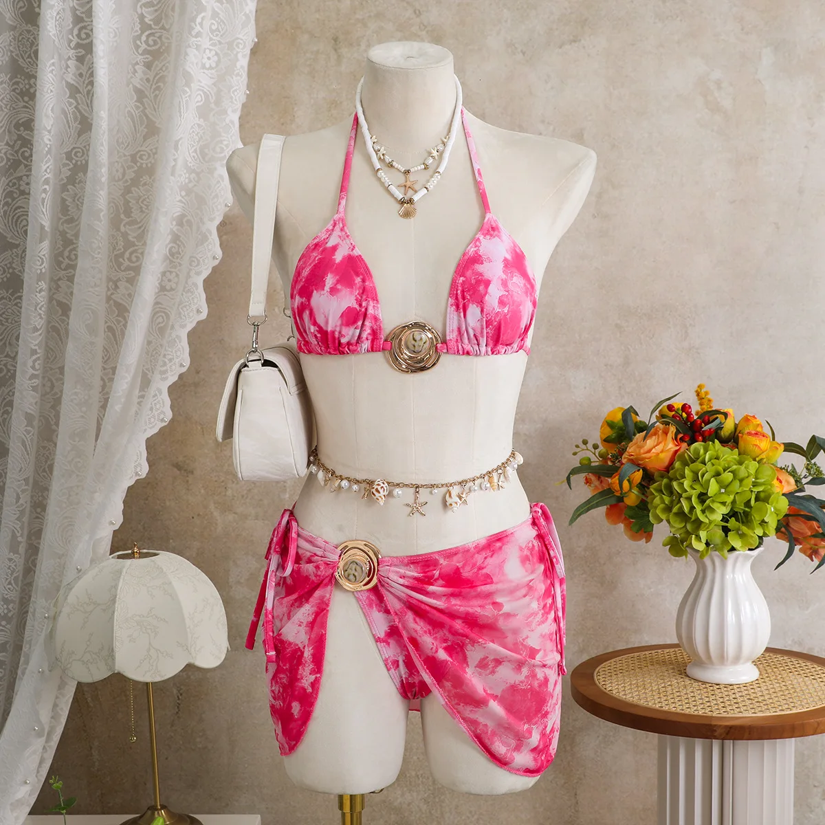 sexy tie dye print halter tie bikinis sets 3pcs with mini skirt swimsuits bathing suit beach outfits biquini tankini trikini
