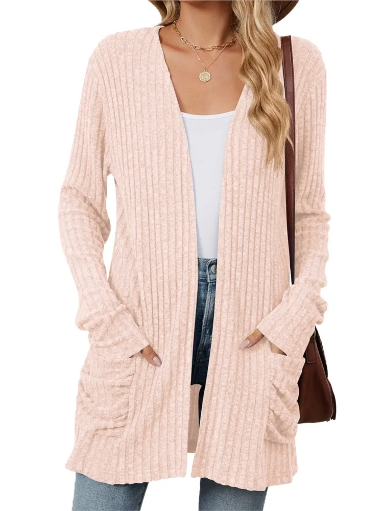 2024 Autumn Winter Women\'s New Solid Color Pocket Long Sleeve Bottom Collarless Cardigan Casual Loose Knitted Shirt In Stock