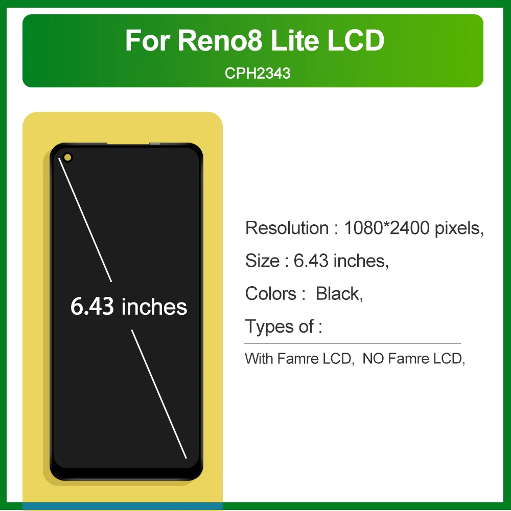 Super AMOLED For OPPO Reno 8 Lite LCD Display Touch Screen Digitizer Replacement For OPPO Reno8 Lite CPH2343 with Frame 6.43'