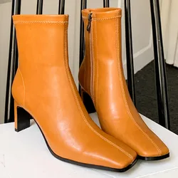 Women's genuine leather thin high heel square toe side zip autumn ankle boots elegant ladies high quality short booties shoes