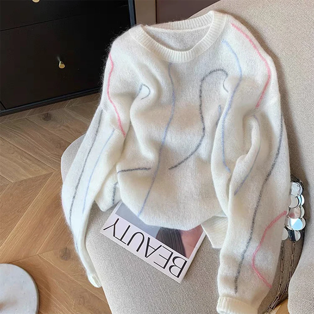 

Women's White O-Neck Knit Pullover Mohair Sweater Harajuku Vintage 2000s Y2k Loose Long Sleeve Soft Cozy Cashmere Sweater Autumn