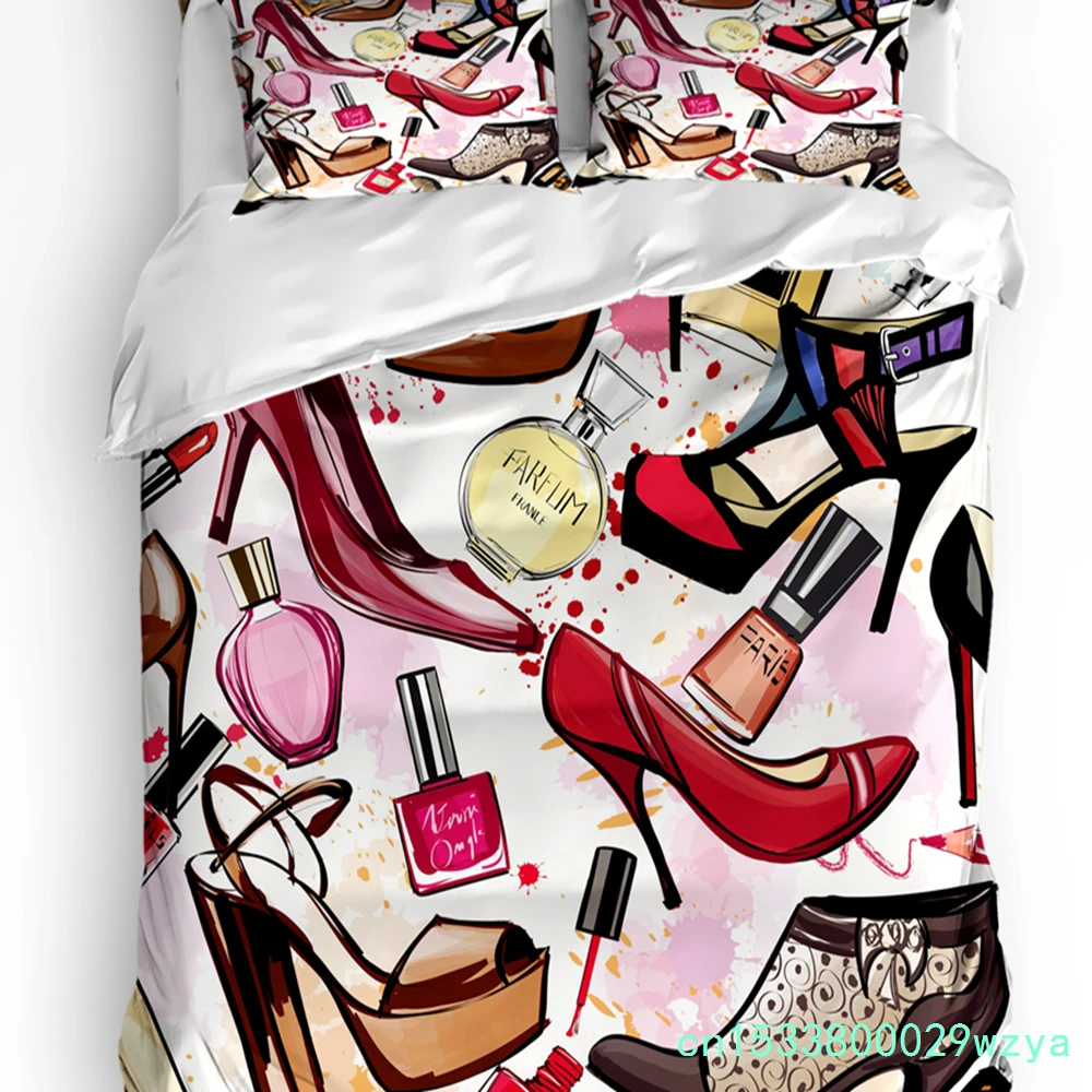 High Heels Retro Perfume Lipstick Cosmetics Nail Polish Bedding Set Duvet Cover Pillowcase Quilt Cover Double Bed Home Textile
