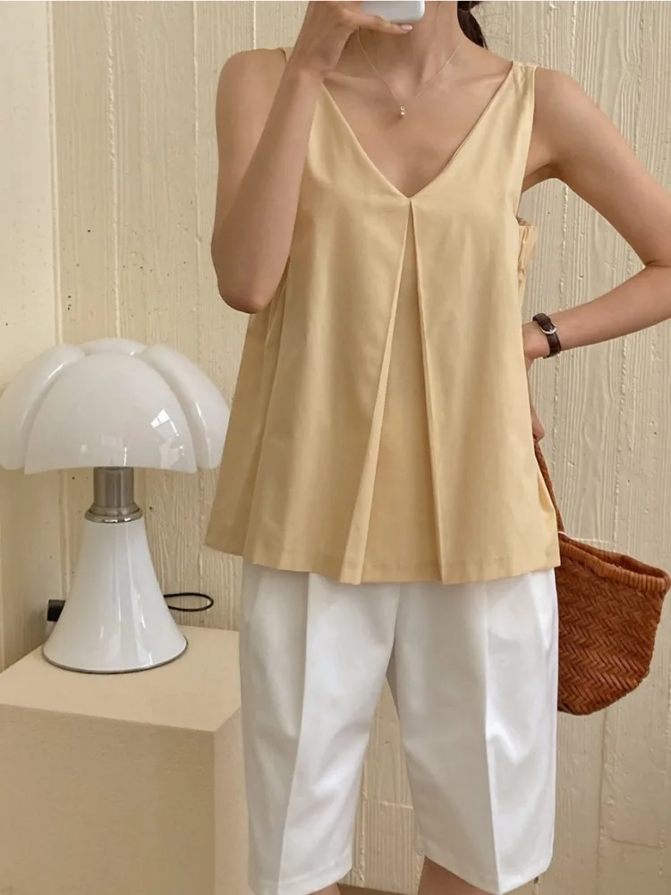 Colete Feminino Chic Mat Sle com Design em V, Nova Chegada de Verão, Top de Corte Reto para o Dia a Dia