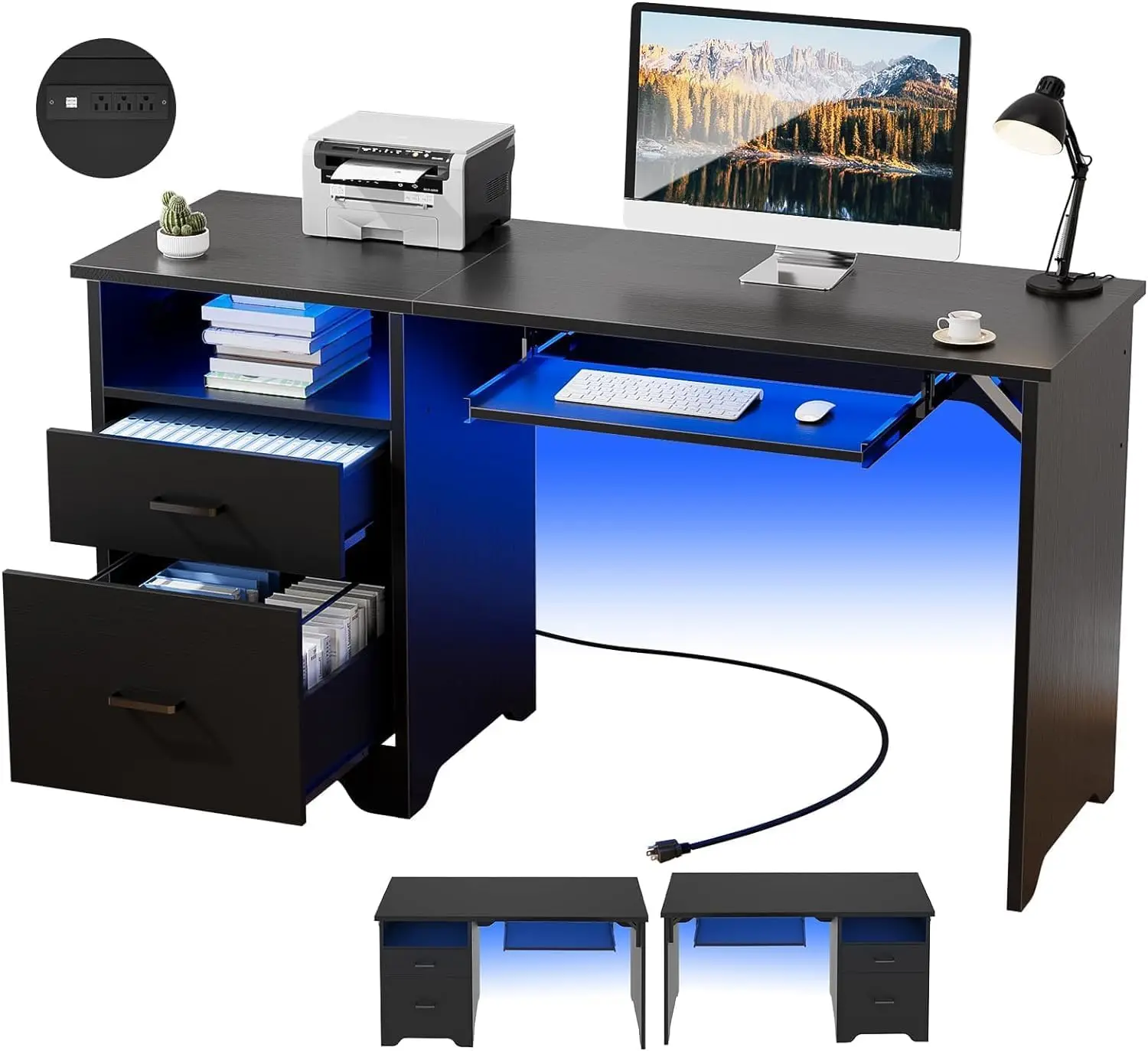 

55 Inch Office Desk with Drawers, Reversible Computer Desk with RGB LED Light and Power Outlet, Sturdy Study Writing Desk