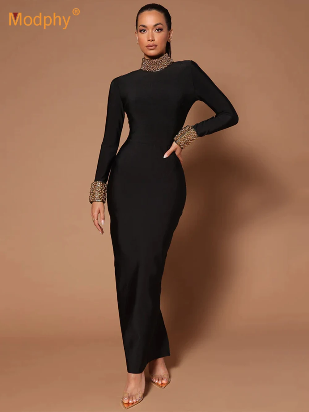 

Modphy New Arrival Women Autumn Sexy Backless Beaded Turtleneck Long Sleeve Maxi Bodycon Bandage Dress Elegant Party Vestidos