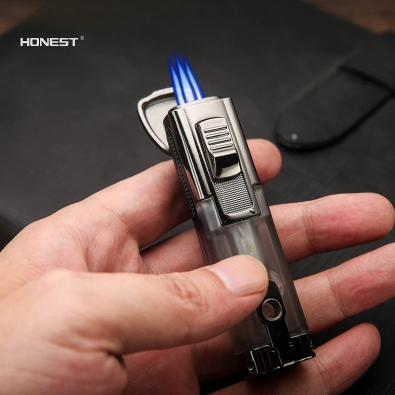 HONEST Metal Butane Lighter with Cigar Cutter Cigarette Lighter Windproof Gas Torch Jet Gun Triple Flame Lighter Smoking Tool
