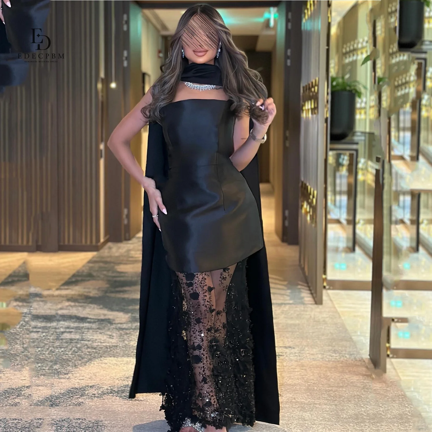 EDECPBM Customized Dresses Gala فساتين سهرة Elegant Women's Dresses for Wedding Party Black Prom Dress Vestidos De Festa Satin