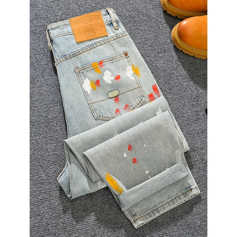 メンズ春夏ルーズストレートジーンズ、インクドットペイントプリント、ダメージ加工パッチ付き、ワイドレッグパンツ