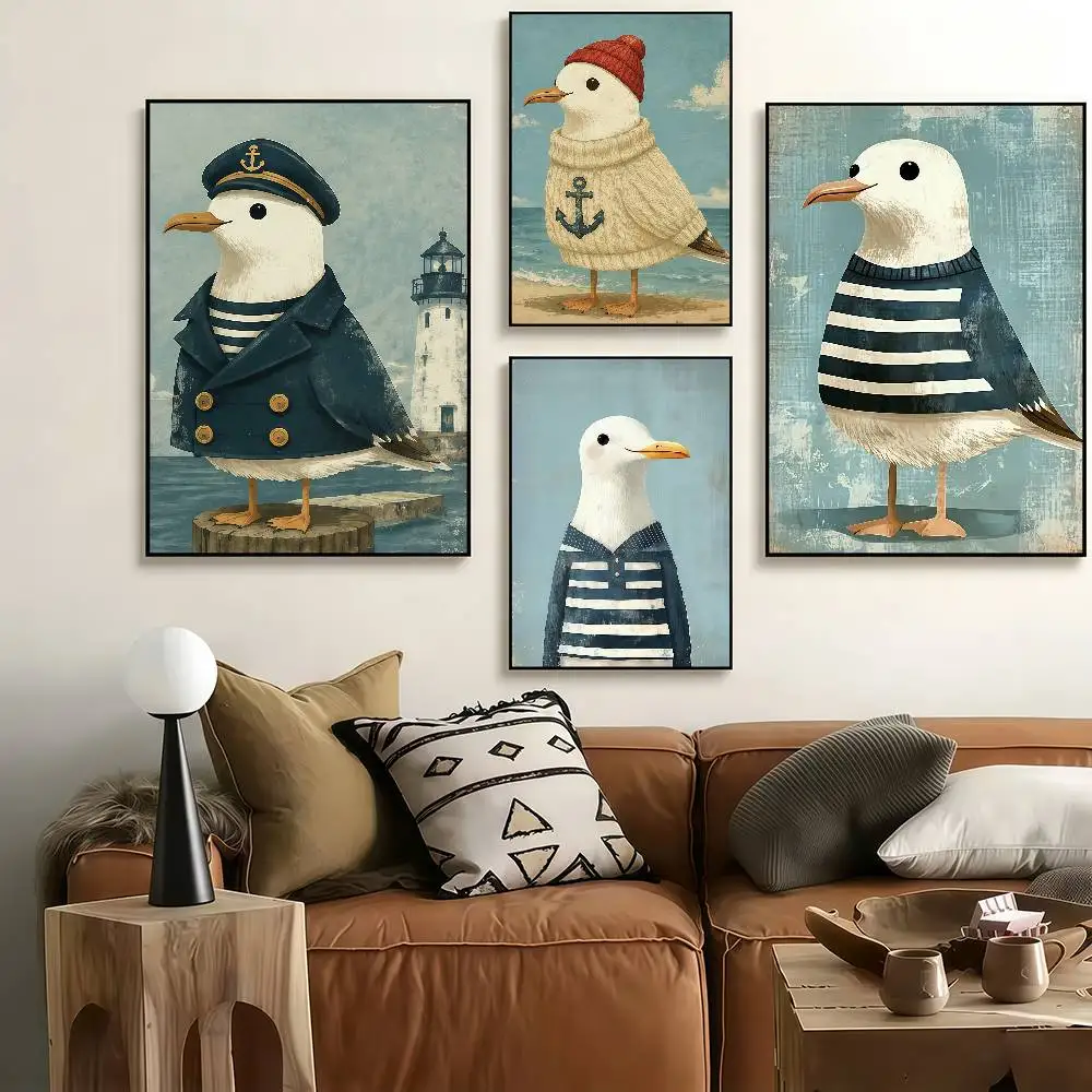 A Cute Seagull In A Striped Sweater Poster Self-Adhesive Art Waterproof Paper Sticker Coffee House Bar Room Wall Decor