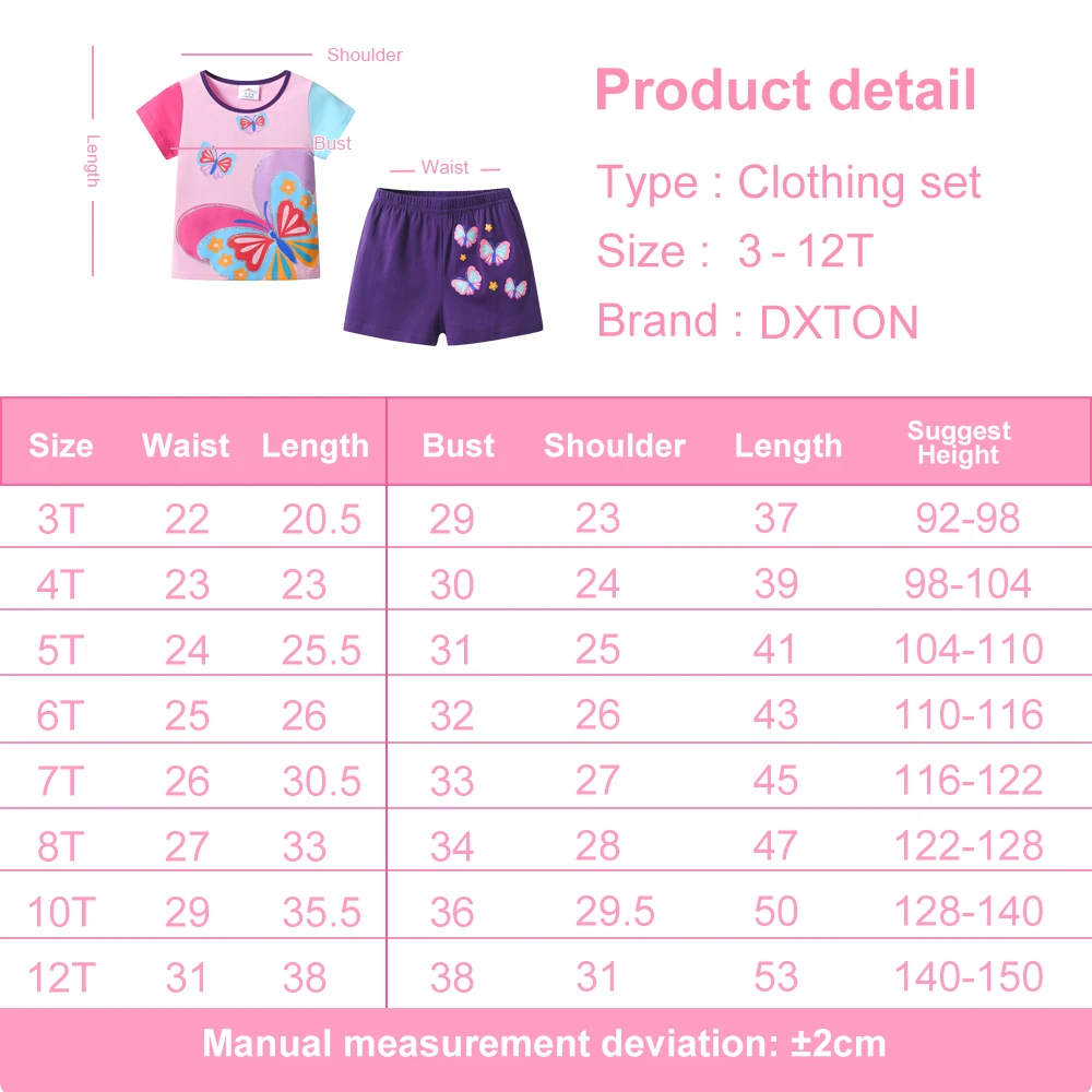 DXTON 2 قطعة دعوى الصيف الفتيات مجموعة المرقعة بلوزة قصيرة الأكمام بلايز + السراويل السراويل الفراشات طفل ملابس المدرسة مجموعة ملابس #6