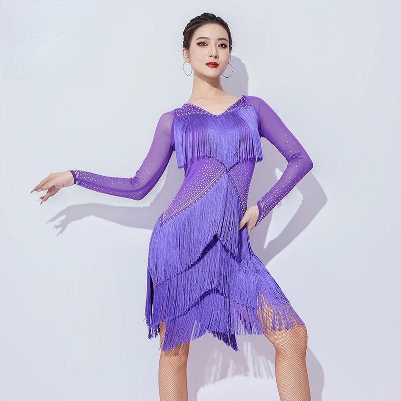

Latin Dance Dress Women's Autumn Winter Bright Diamond Tassel Dance Dress Long Sleeved Dance High-end Adult Performance Dress