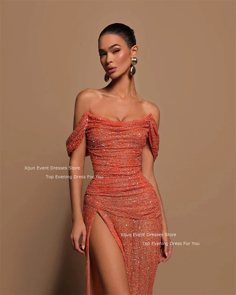 Xijun Orange Sexy Evening Dresses High Side Slit Prom Dresses Sleeves Off the Shoulder Formal Prom Gowns Glitter Sequines Gowns