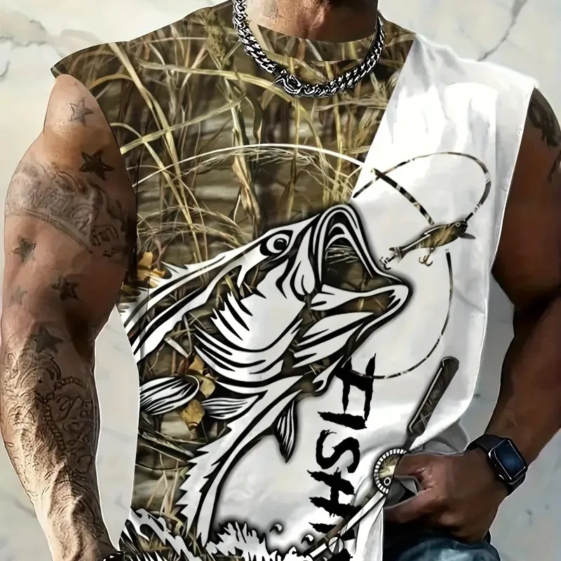 

2025 Summer Men's Workout 3D Pattern Bodybuilding Gym Vest Sleeveless Shirt Casual Sleeveless