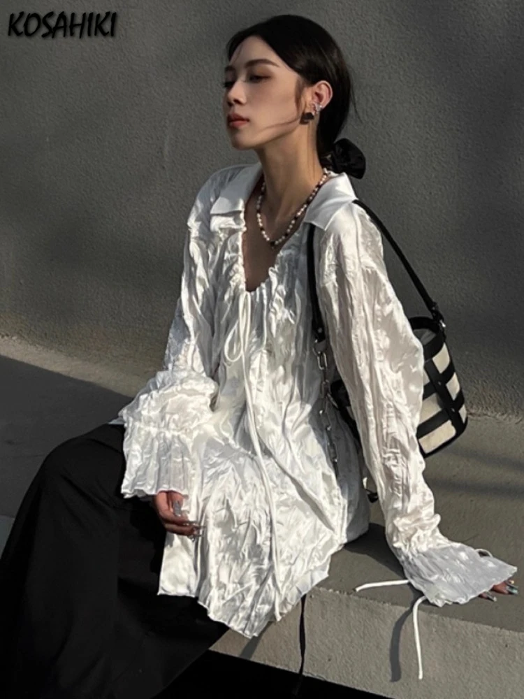 

Y2k Aesthetic Vintage Women Blouse Harajuku Single Breasted ​drawstring Grunge Tops 2025 Streetwear Pleated Casual Loose Blusas