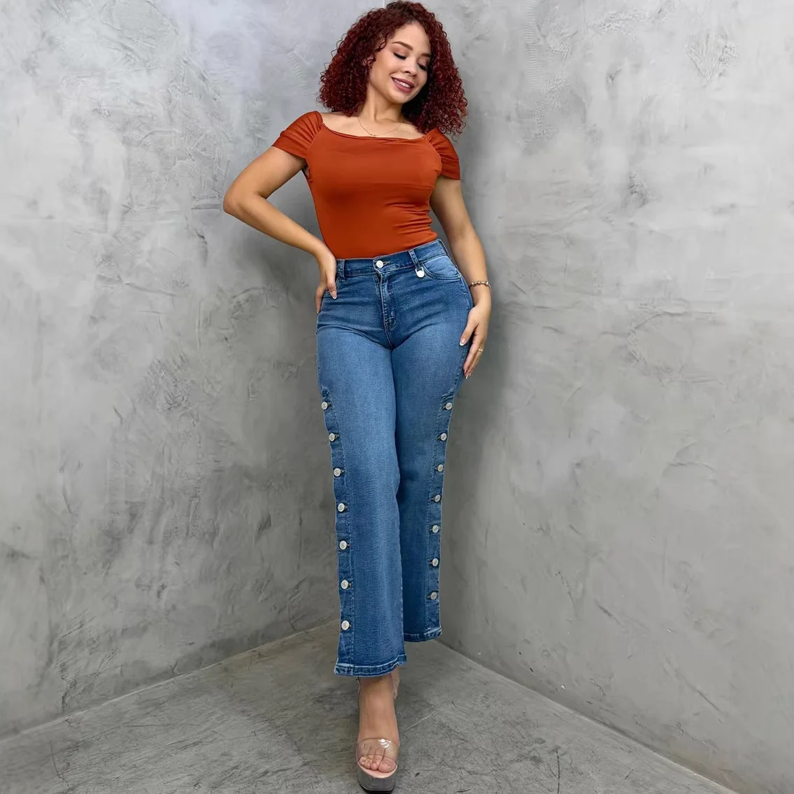 2026 Spring Summer New Women High Waist Flare Jeans Women's Street Fashion Side Button Wash Casual Pants