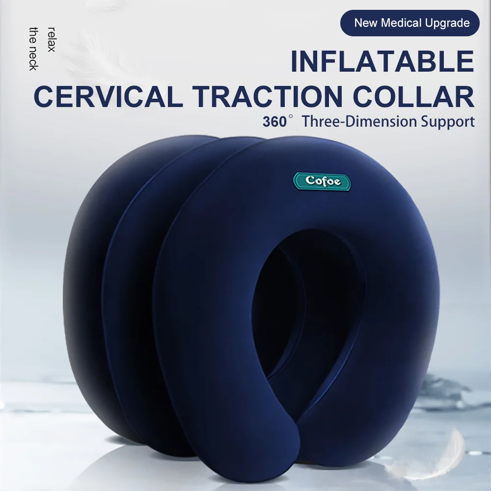 COFOE 3-Tube Rapid Inflate Neck Support Pillow - Premium Semi-Flocking Neck Posture Corrector for Travel/Office/Reading