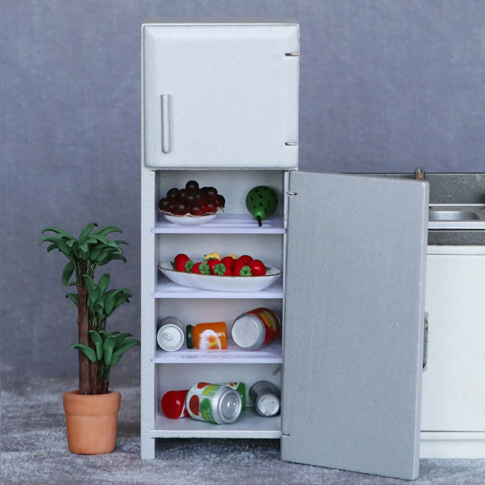 giftnew 1/12 Dollhouse Miniature Wooden Double Door Refrigerator Simulation Fridge Model for Doll House Decoration White