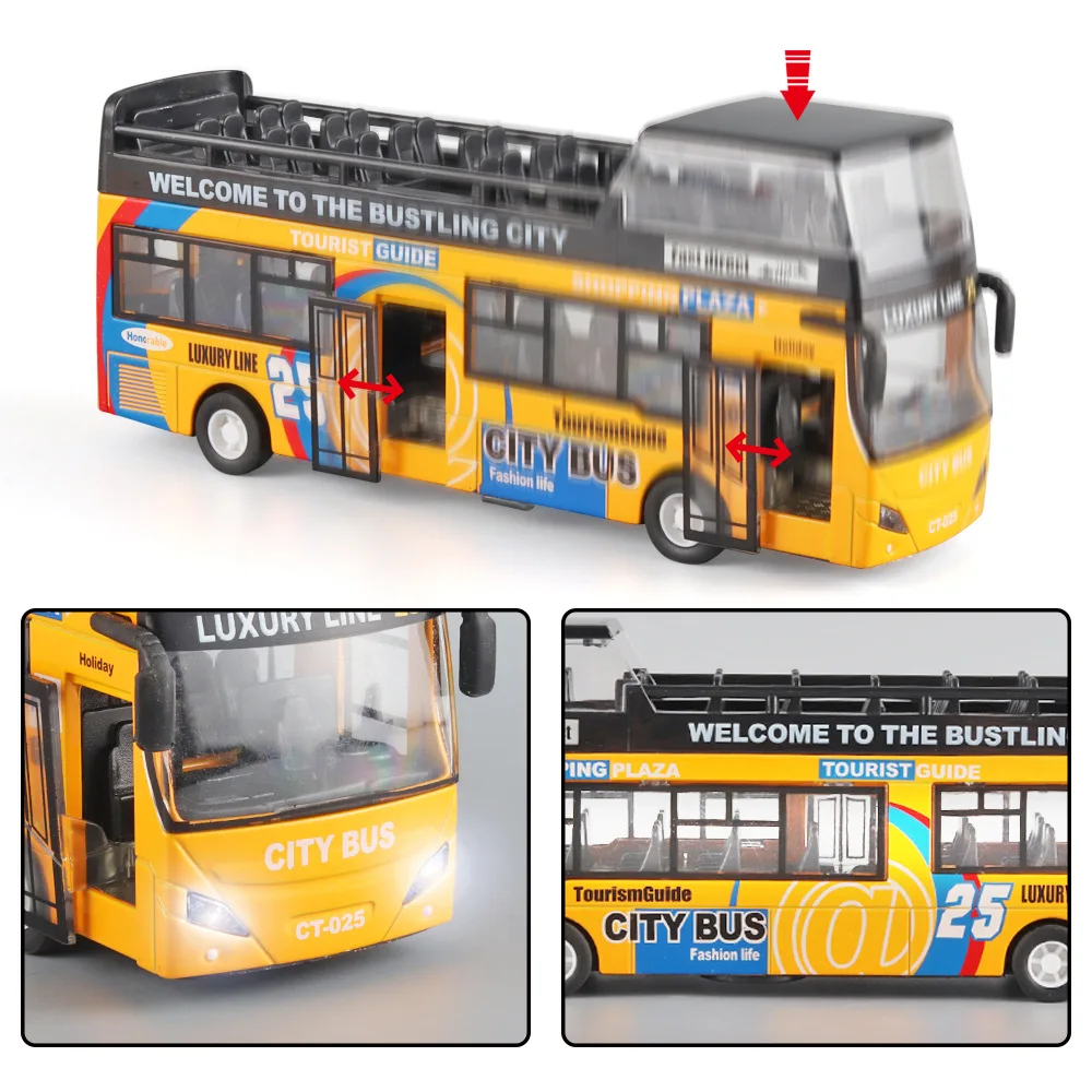 1:32 Double Decker Sightseeing Bus Alloy Car Model Simulation Diecast City Tourist Vehicle Toy Sound Light Collection Gift