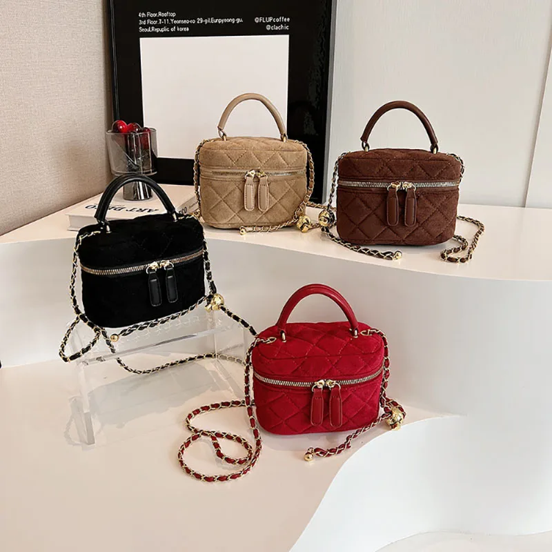 Mini Faux Suede Chain Small Square Bag Fashion Design Sense Red Texture Simple Crossbody Bag Korean Small Fragrance Wind Handbag