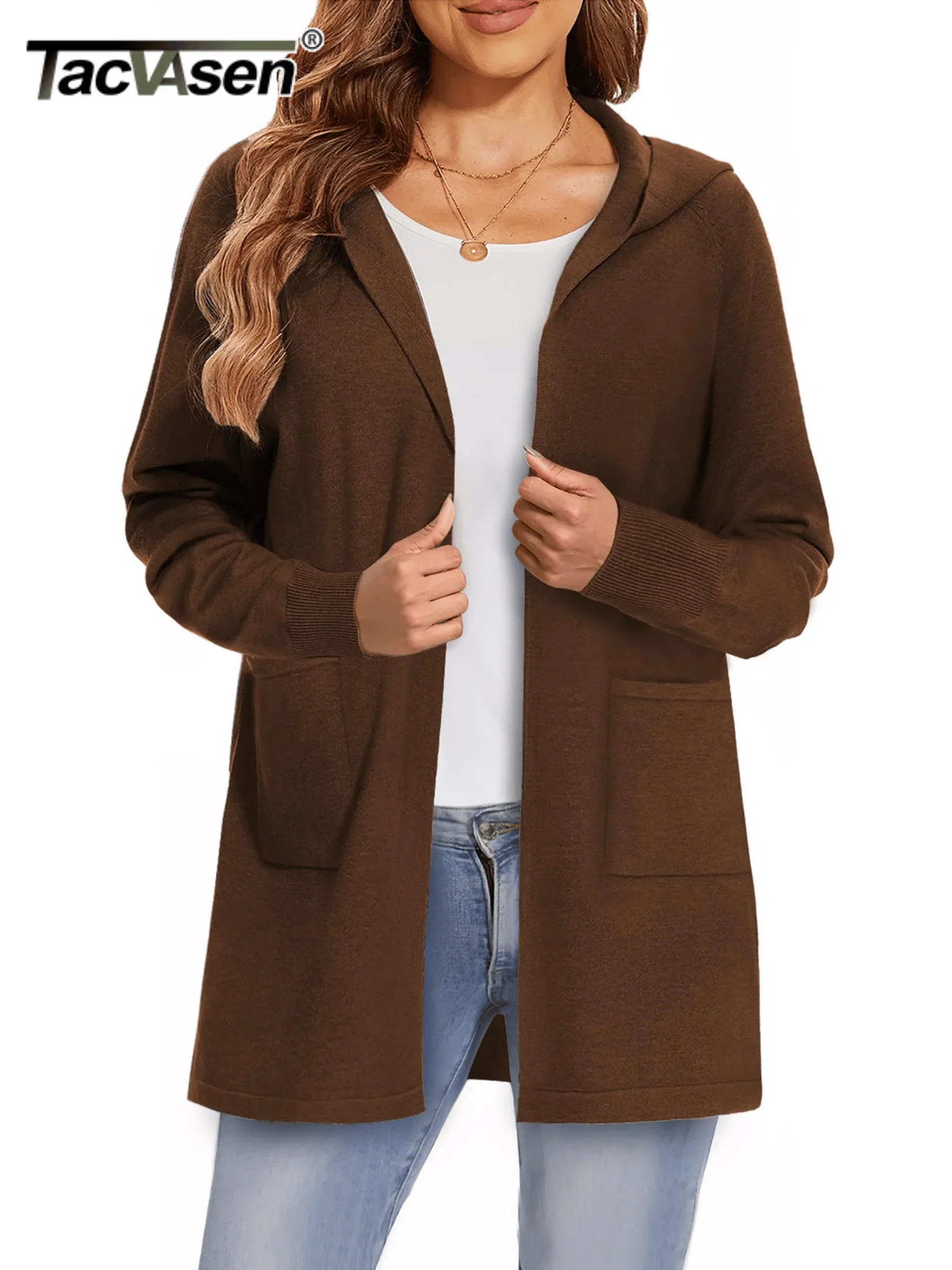 

TACVASEN Fall Winter Hooded Cardigan Womens Knit Fashion Open Front Long Coats Outerwears Lightweight 2 Pockets Casual Jackets