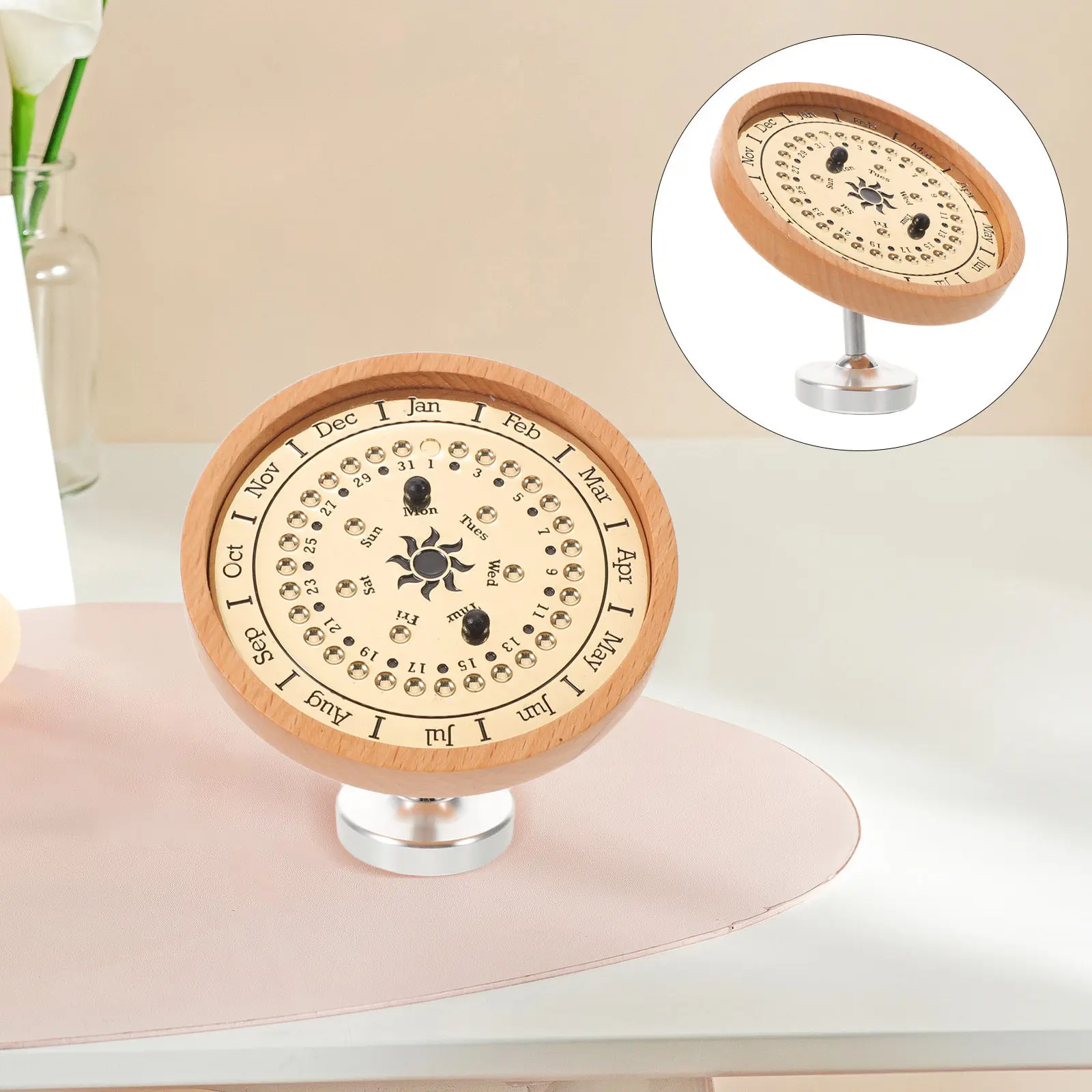 

Вечный календарь из дерева, настольный декор в винтажном стиле солнечных часов, регулируемая подставка для ежедневного отслеживания даты, месяца и года, для офиса и дома, настольный.