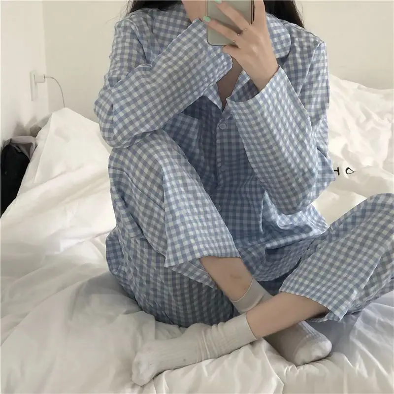 Plaid Sleepwear Women Pajama Sets Korean Piiama Autumn Pants Sets for Women 2 Pieces Button Night Wears Long Sleeve Home Suit